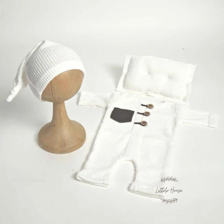 Baby Textured Romper Pillow and Hat Set of 3 Outfit O060 | NB | White