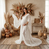 V neck Lace Net Front Cut Gown M048 | M | White