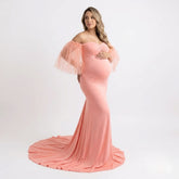 Off Shoulder Gown with Detachable Sleeves M039 | M | Salmon