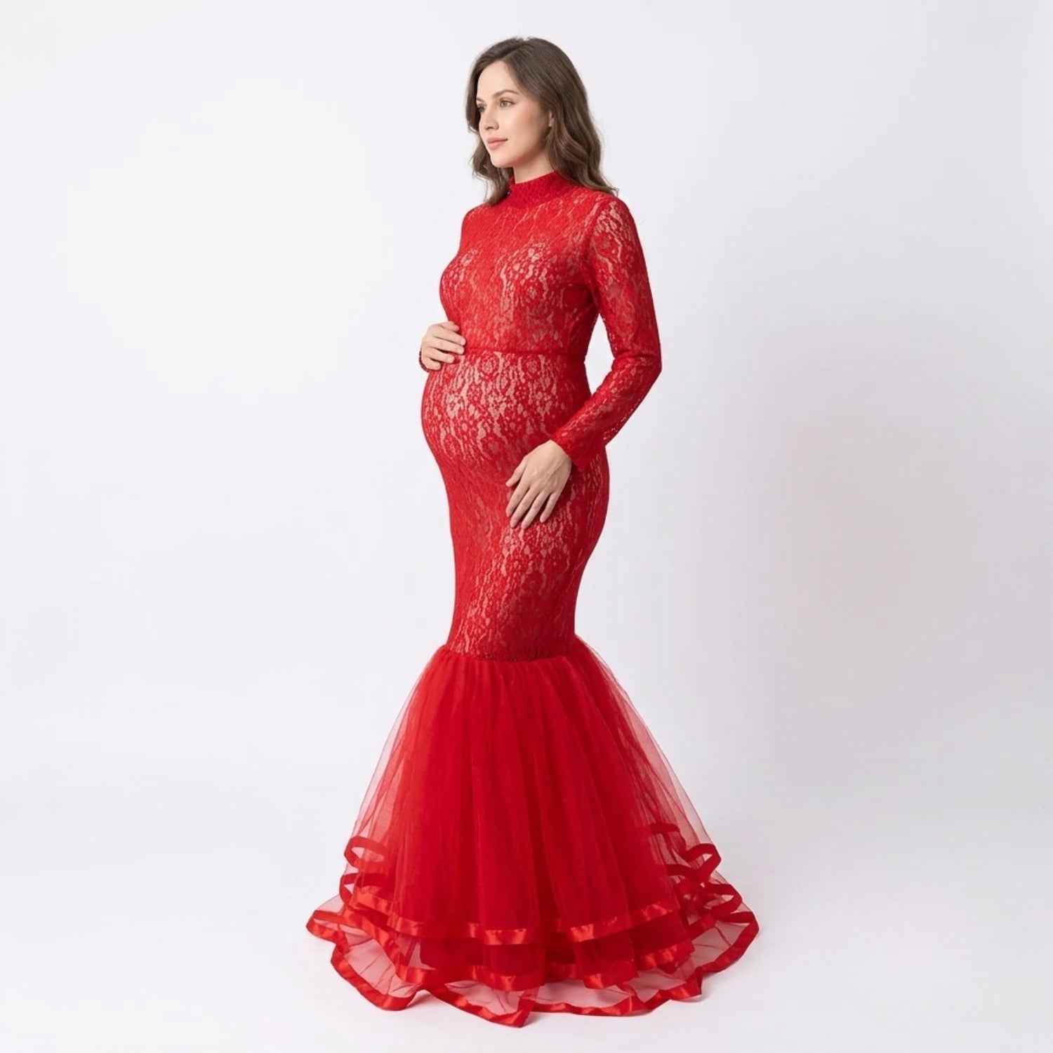 Net Highneck Double Frill Dress M049 | L | Red