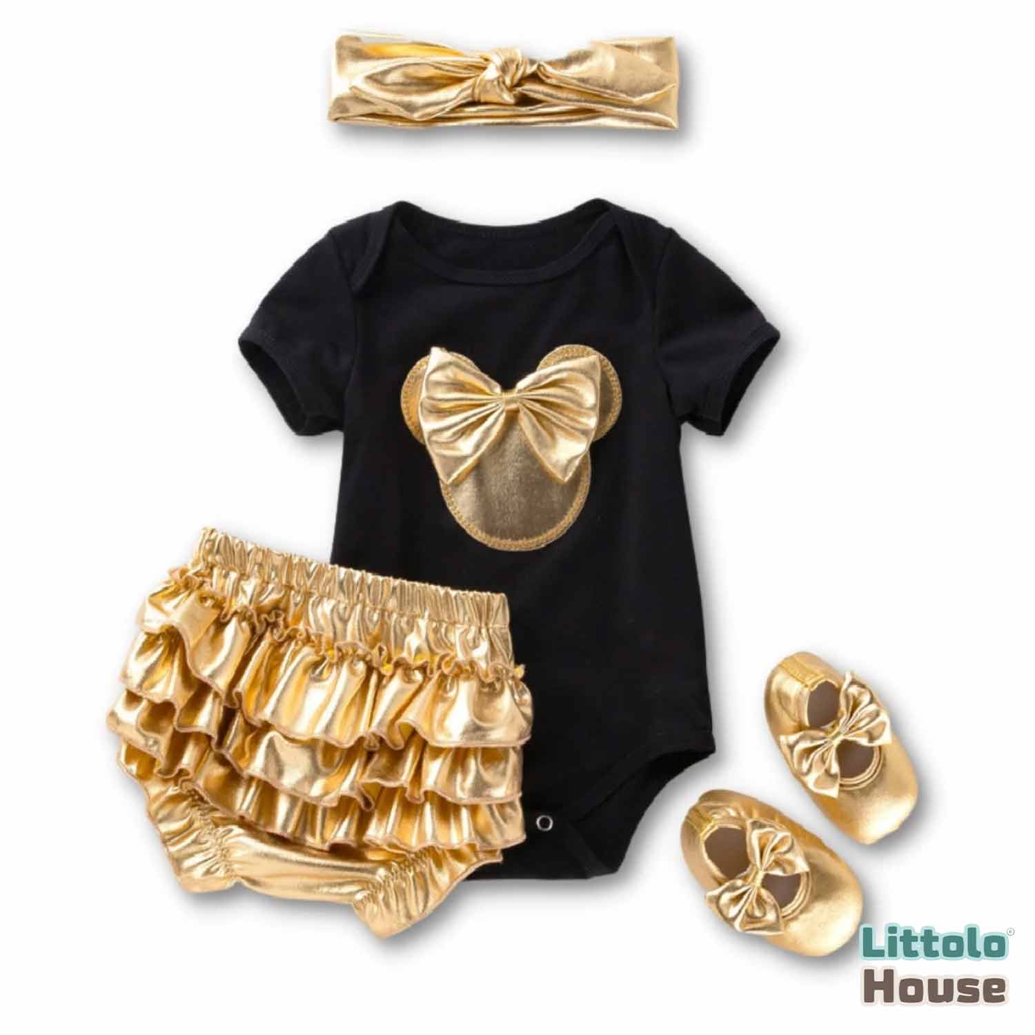 Baby Girl Birthday Cake Smash Outfit Black Romper and Golden Shorts with Booties and Hairband Set of 4 Outfit O069 | 1Y | Black Golden