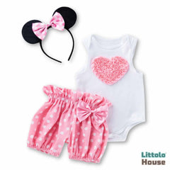 Baby Girl Birthday Cake Smash Outfit Sleevless Top with Polka Dot Shorts and Cartoon Hairband Set of 3 Outfit O066 | 1Y | Pink White