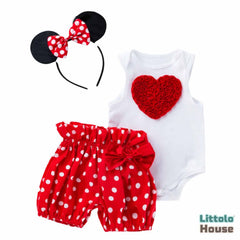 Baby Girl Birthday Cake Smash Outfit Sleevless Top with Polka Dot Shorts and Cartoon Hairband Set of 3 Outfit O066 | 1Y | Red White