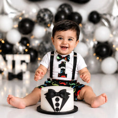 Baby 1st Birthday Cake Smash White Romper and Suspender Shorts Set of 2 Outfit O079 | 1Y | Mustache print