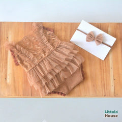 Baby Girl Ruffle Lace Romper with Headband O225 | 3M | Rusty Brown