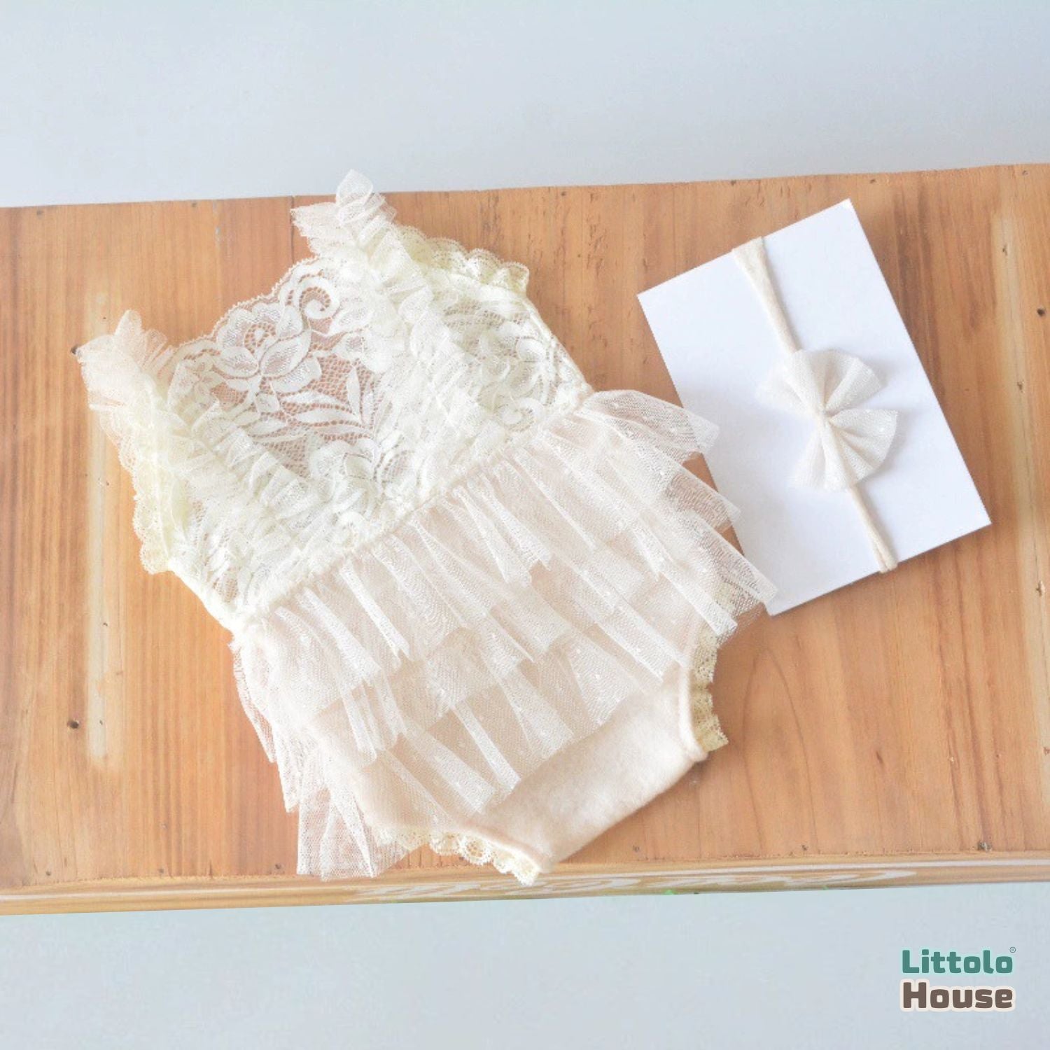 Baby Girl Ruffle Lace Romper with Headband O225 | 3M | Off White