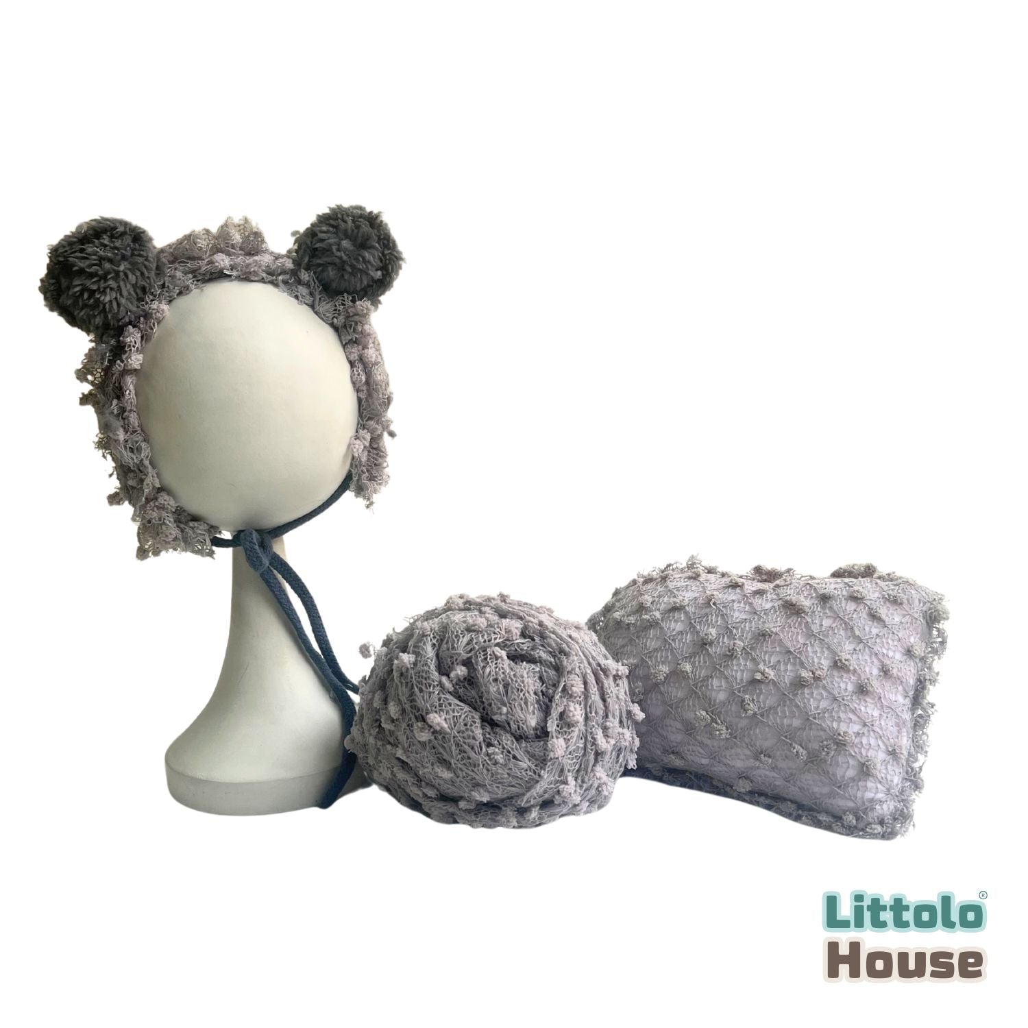 Baby Popcorn Knit Bonnet with Stretch Wrap SR012 | Set of 2 | 3M | Grey