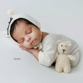 Baby Romper with Bonnet and Teddy SR020 | Set of 3 | 2M | Light Cream