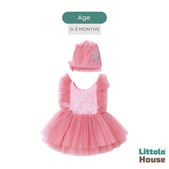 Baby Girl Net Frill Frock with Bonnet O132 | 3M | Pink