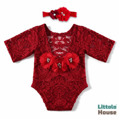 Baby Girl Lace Net Backless Romper with Hairband O109 | 2M | Maroon