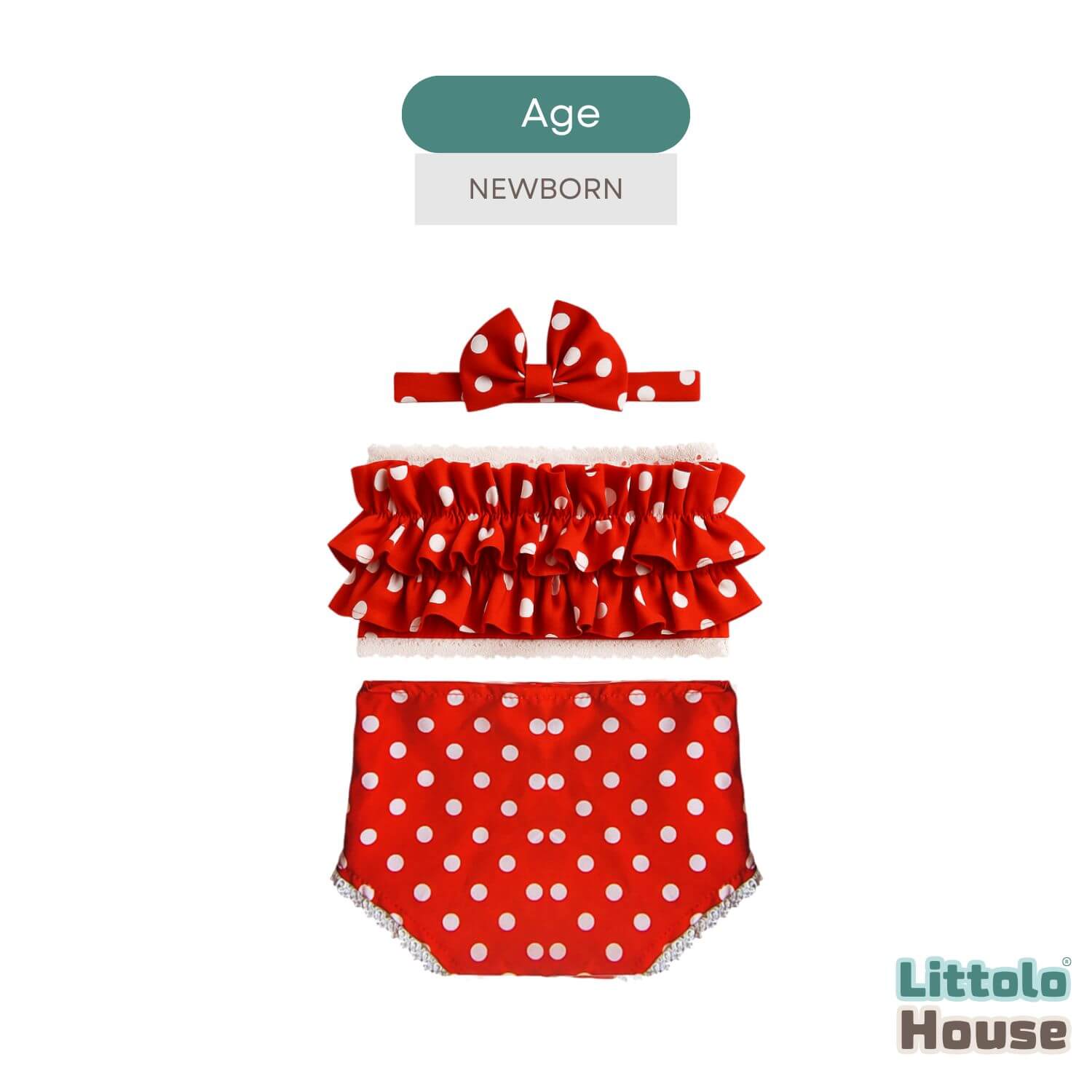 Baby Girl Polka Dot Ruffle Tube Top & Bloomer Outfit with Bow Headband O233 | NB | Red