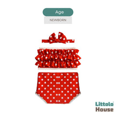 Baby Girl Polka Dot Ruffle Tube Top & Bloomer Outfit with Bow Headband O233 | NB | Red