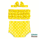 Baby Girl Polka Dot Ruffle Tube Top & Bloomer Outfit with Bow Headband O233 | NB | Yellow