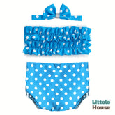 Baby Girl Polka Dot Ruffle Tube Top & Bloomer Outfit with Bow Headband O233 | NB | Sky