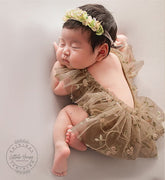 Baby Girl Lace Romper with Hairband and Bonnet SR015 | Set of 3 | NB | Brown