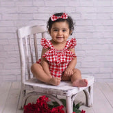 Baby Girl Chex Cotton Strapped Romper with Headband O211 | Red