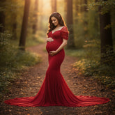 Chiffon Flowy Dress with Short Chiffon Sleeves M002 Maternity Gown | M | Cherry