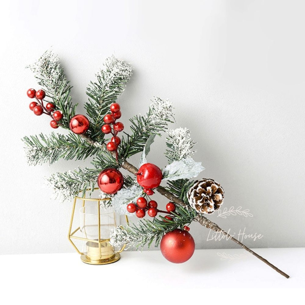 Artificial Berries Snowy Stem Pine Branch Christmas Special F046 Pack of 1 | Multicolour