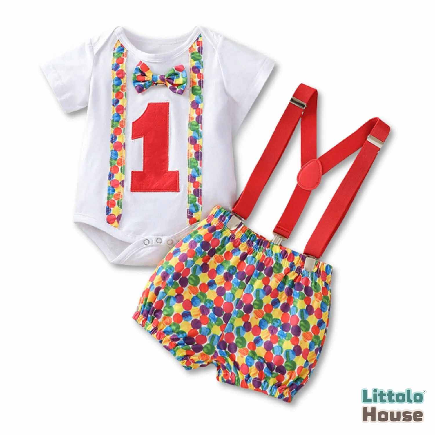 Baby 1st Birthday Cake Smash Romper and Suspender Shorts Set of 2 Outfit O079 | 1Y | Caterpillar Print