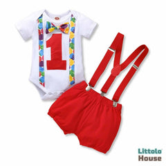 Baby 1st Birthday Cake Smash Romper and Suspender Shorts Set of 2 Outfit O079 | 1Y | Red