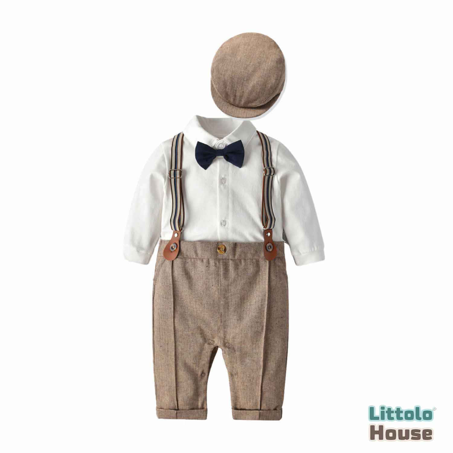 Order 6M White Brown Suit Romper with Cap Bow Tie Stylish Warm