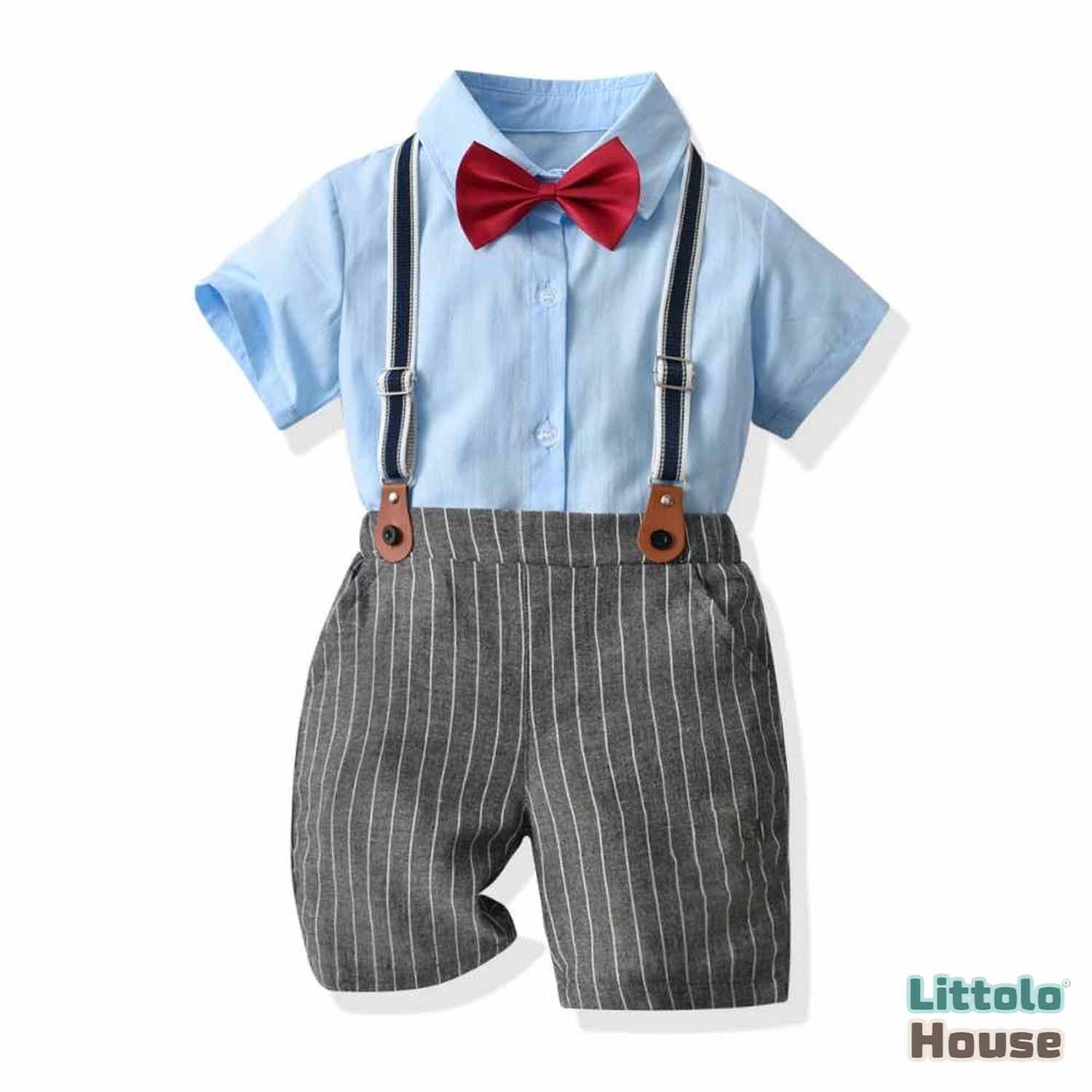 Baby Boy Suspender Shorts Outfit with Bow Tie Outfit O045 | 2Y | Sky Blue Black