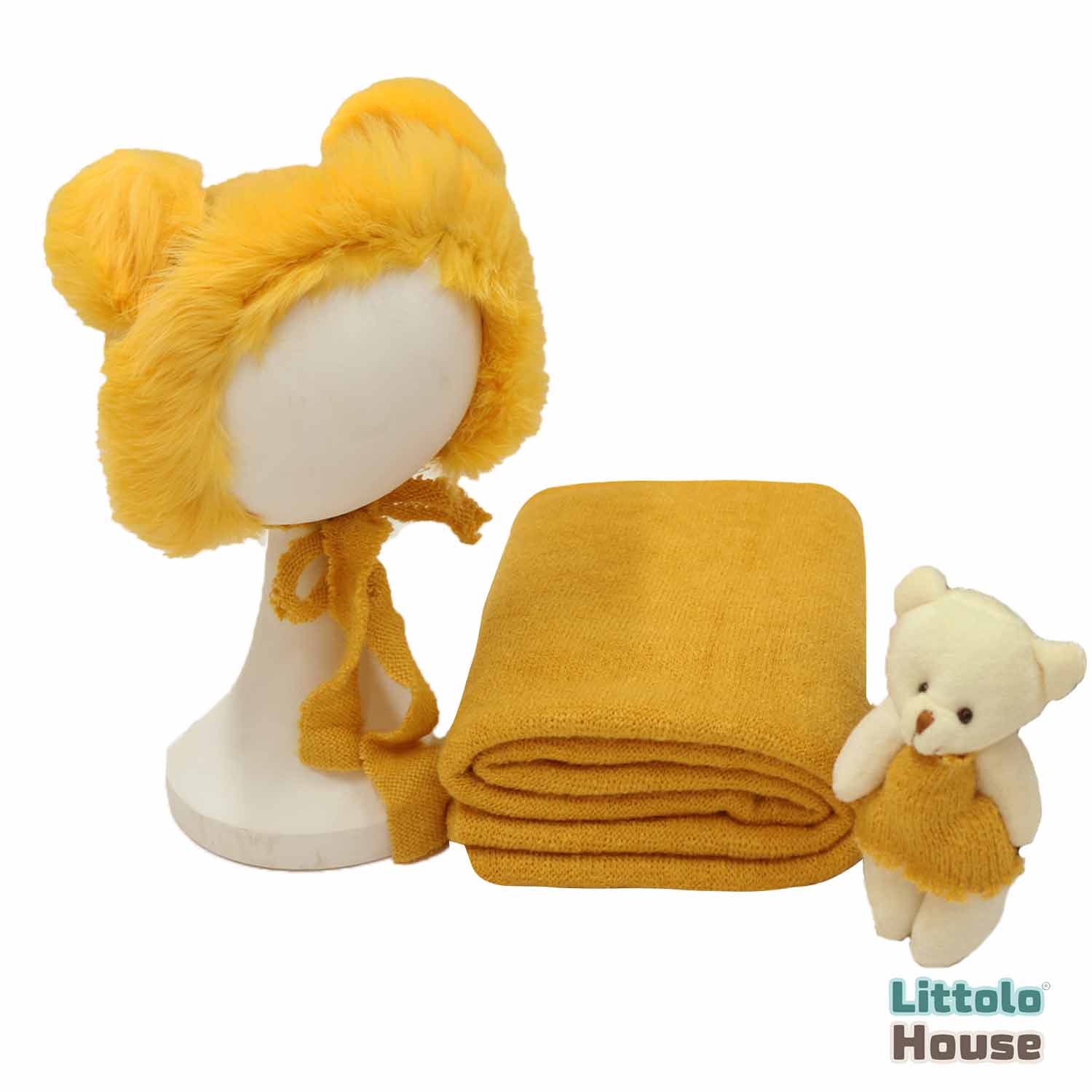 Baby Crochet Mohair Bonnet with Wrap and Teddy SR025 | Set of 3 | 3M | Fire