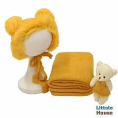 Baby Crochet Mohair Bonnet with Wrap and Teddy SR025 | Set of 3 | 3M | Fire