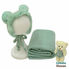 Baby Crochet Mohair Bonnet with Wrap and Teddy SR025 | Set of 3 | 3M | Turkish Blue
