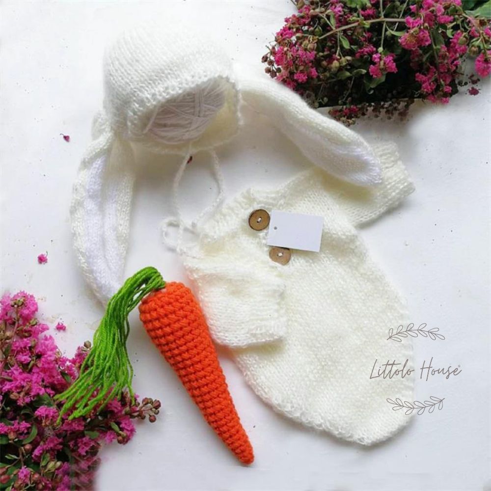 Baby Crochet Romper with Rabbit Ears Bonnet and Carrot SR068 | Set of 3 | 3M | White