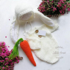 Baby Crochet Romper with Rabbit Ears Bonnet and Carrot SR068 | Set of 3 | 3M | White
