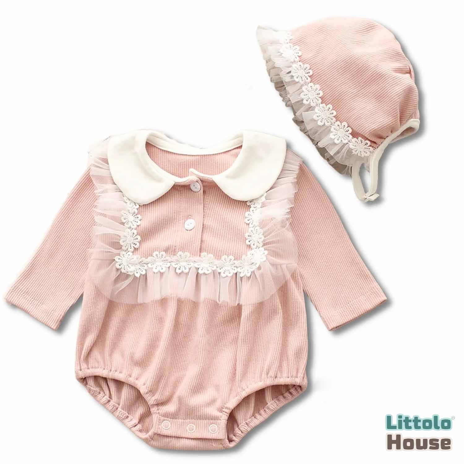 Baby Girl Bodysuit Lace Patchwork with Bonnet Outfit O086 | 1Y | Toon