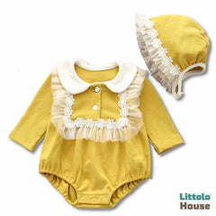 Baby Girl Bodysuit Lace Patchwork with Bonnet Outfit O086 | 1Y | Yellow