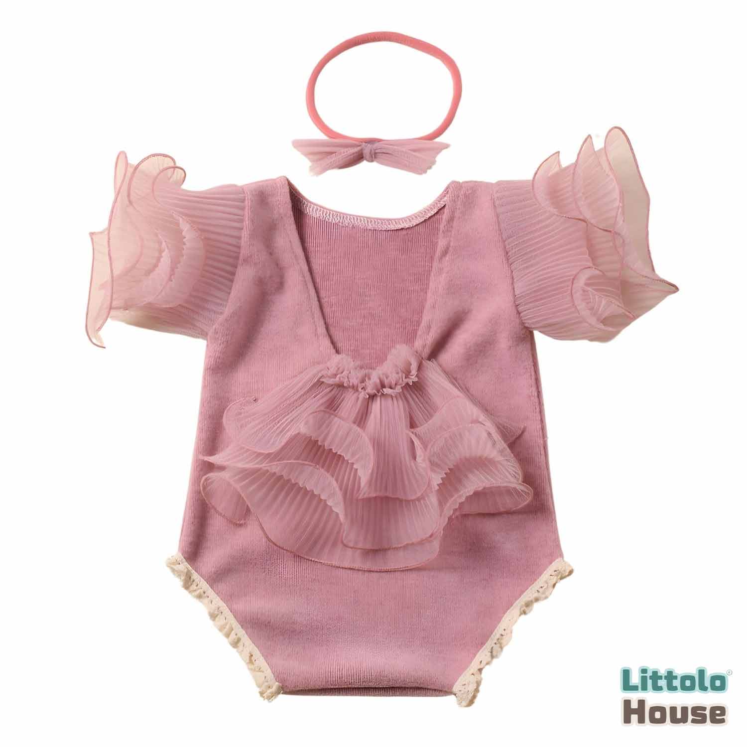 Baby Girl Frill Sleeves Romper with Hairband O126 | 3M | Watermelon