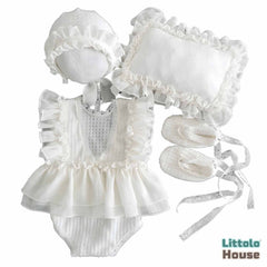 Baby Girl Lace Frill Frock with Bonnet, Posing Aid and Botties SR030 | 4M | White