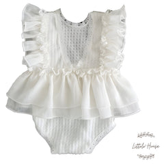 Baby Girl Lace Frill Frock with Bonnet, Posing Aid and Botties SR030 | 4M | White