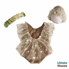 Baby Girl Lace Romper with Hairband and Bonnet SR015 | Set of 3 | NB | Brown