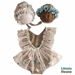Baby Girl Lace Romper with Hairband and Bonnet SR015 | Set of 3 | NB | Grey Blue