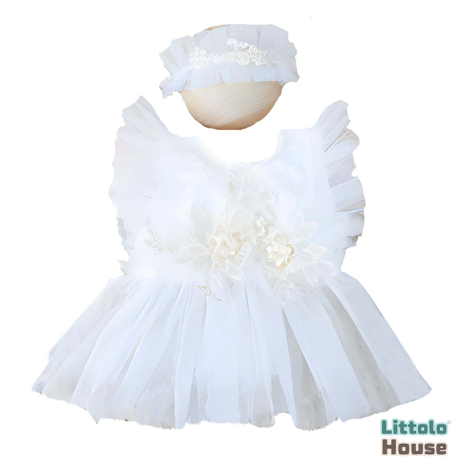 Baby Girl Net Frill Frock with Hairband O132 | 3M | White