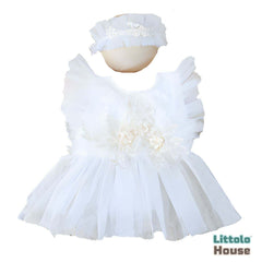 Baby Girl Net Frill Frock with Hairband O132 | 3M | White