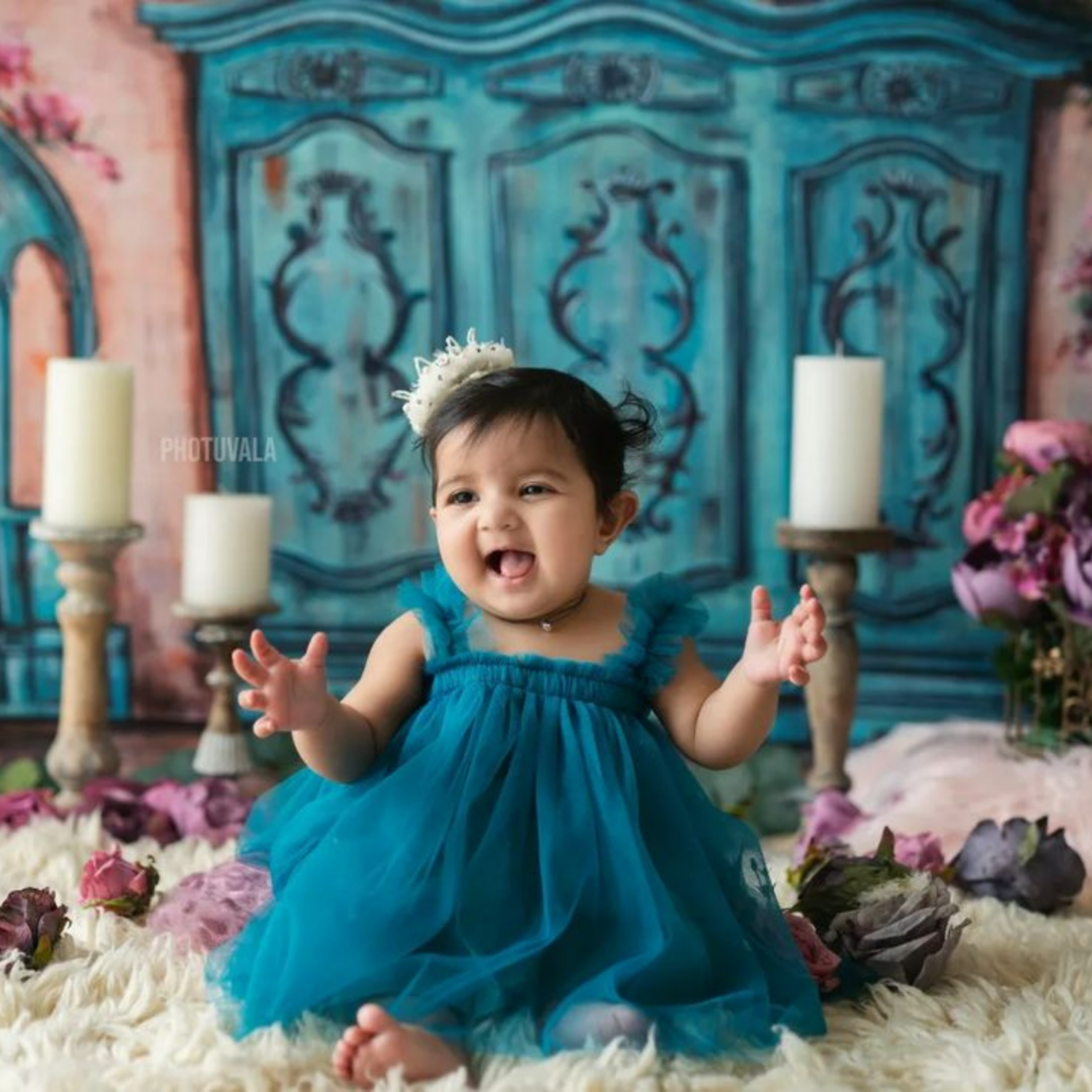 Buy Peacock Blue Net Frills Frock with Straps Elegant Stylish