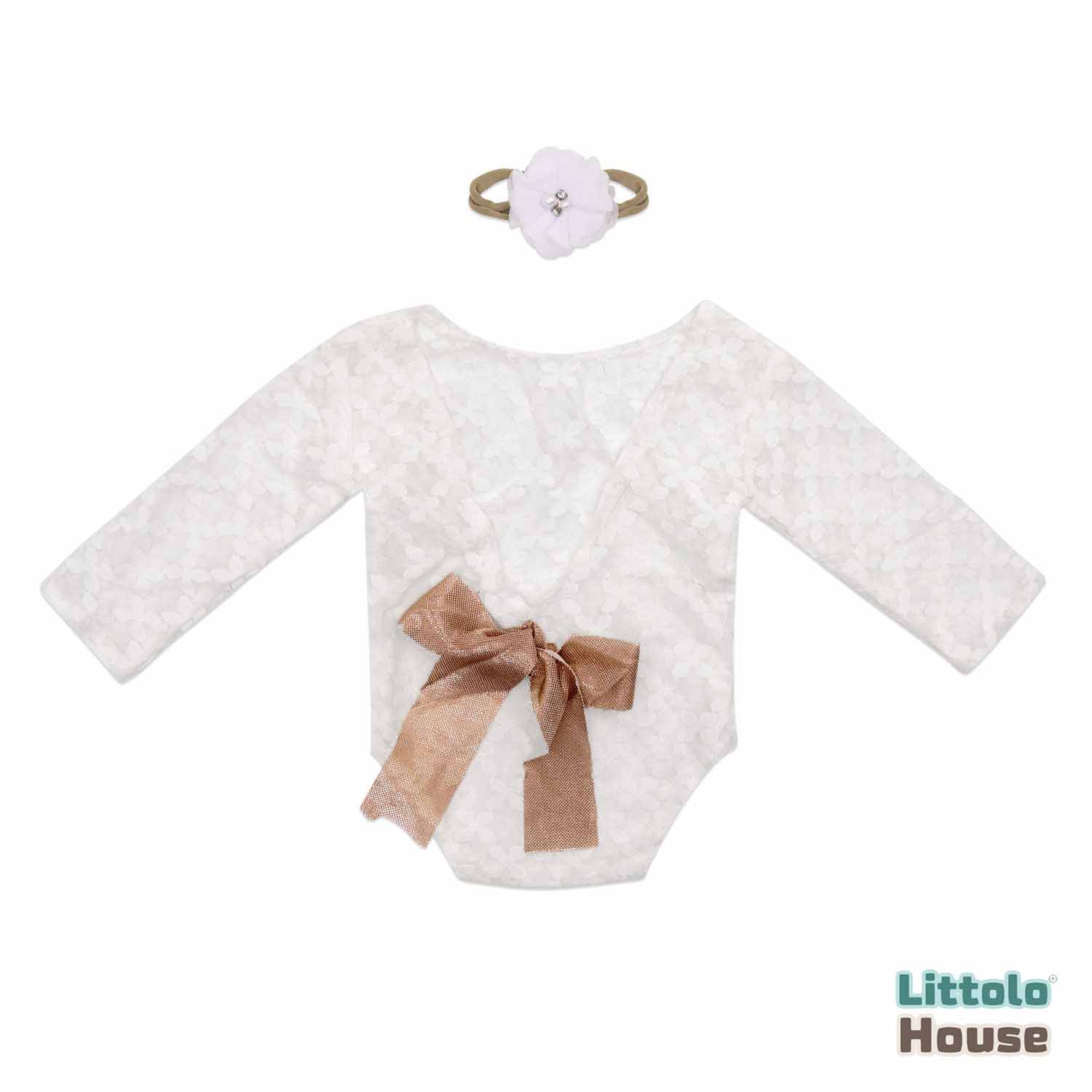 Baby Girl Open Back Lace Romper with Hairband Outfit O082 | NB | White
