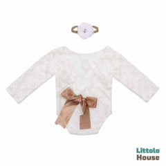 Baby Girl Open Back Lace Romper with Hairband Outfit O082 | NB | White