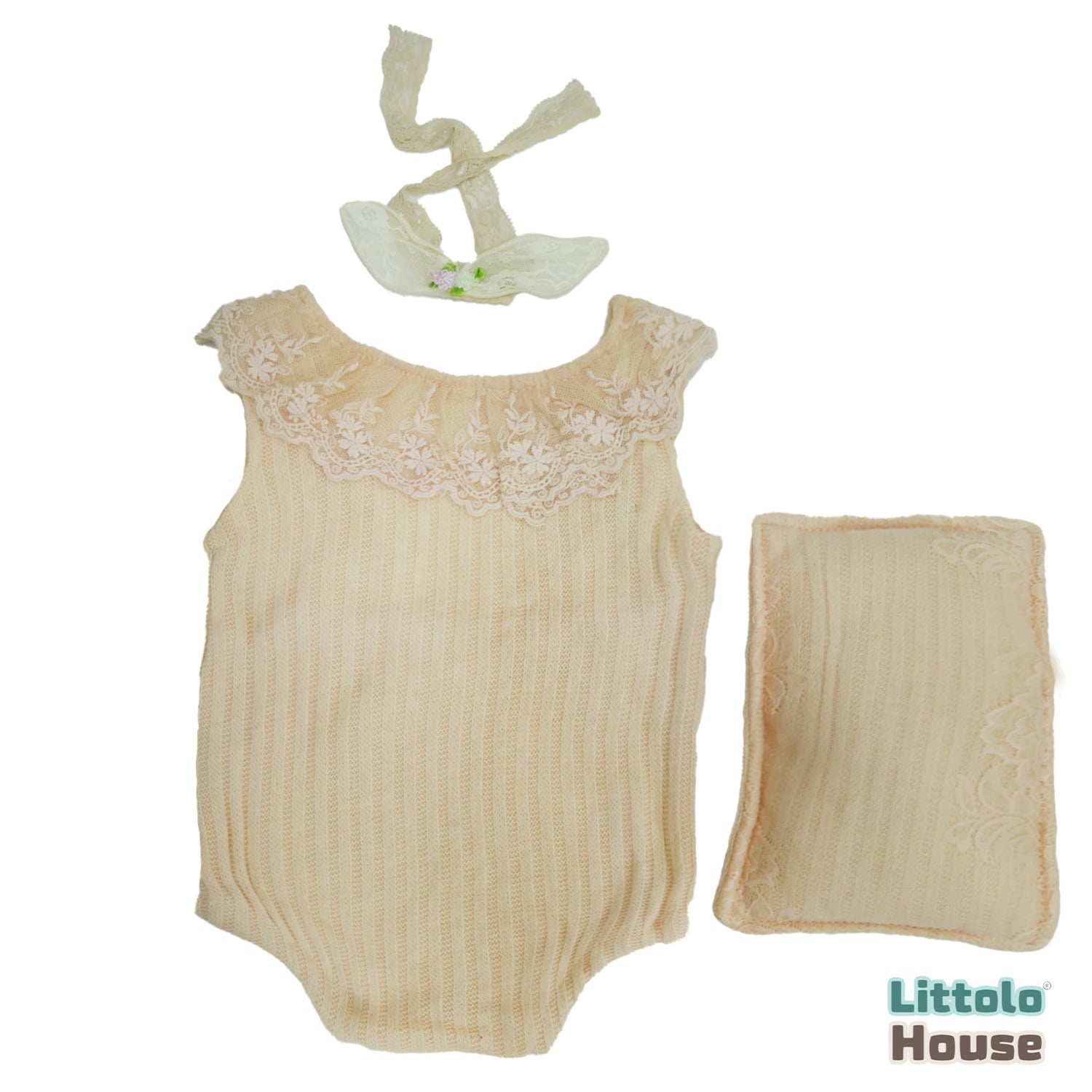 Baby Girl Soft Lace Posing Aid Lace Hairband with Dress Outfit | Set of 3 | 1Y | Cream
