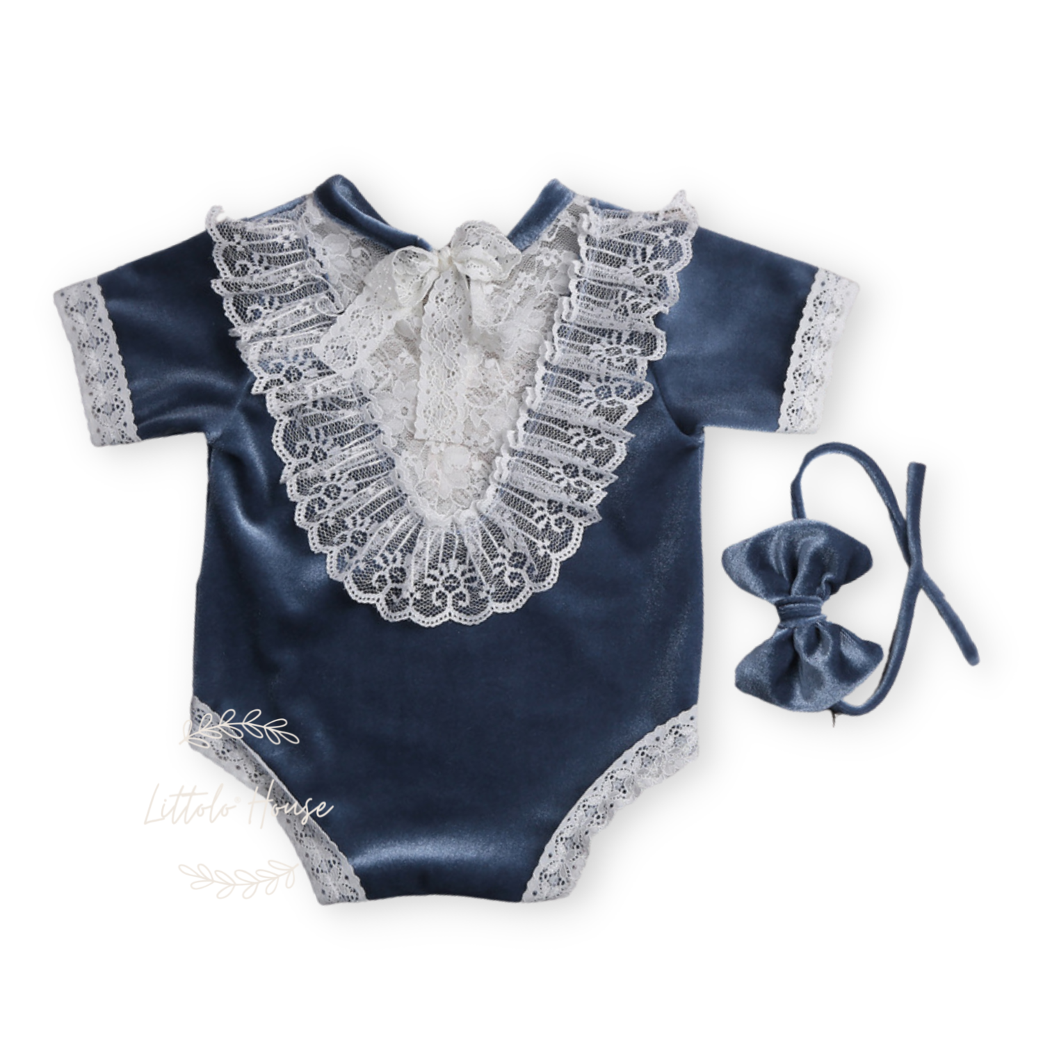 Baby Girl Velvet Romper with Hairband O089 | NB | Blue