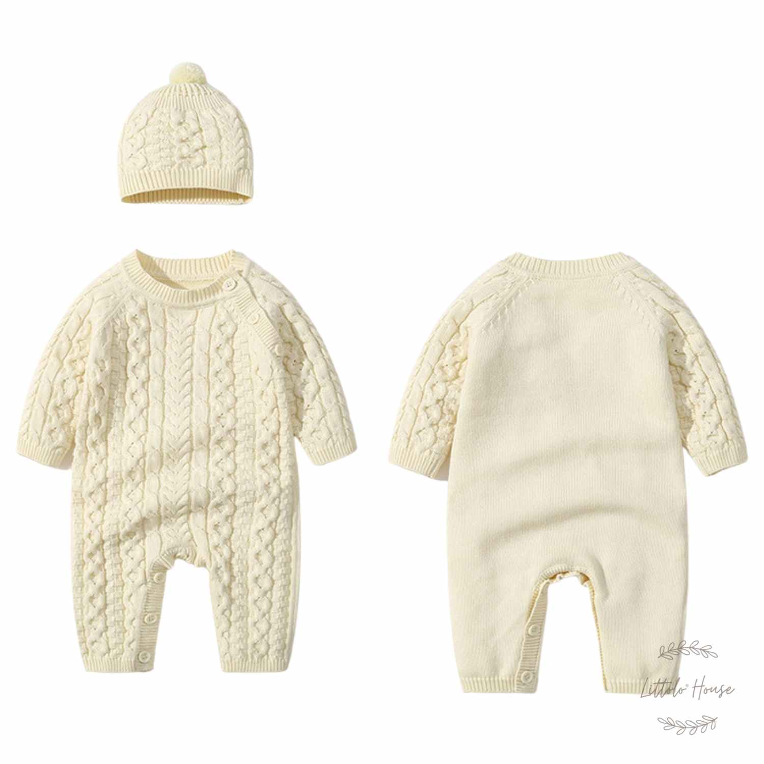 Baby Knitted Long Sleeves Romper with Warm Hat Outfit O049 | 2Y | Off White