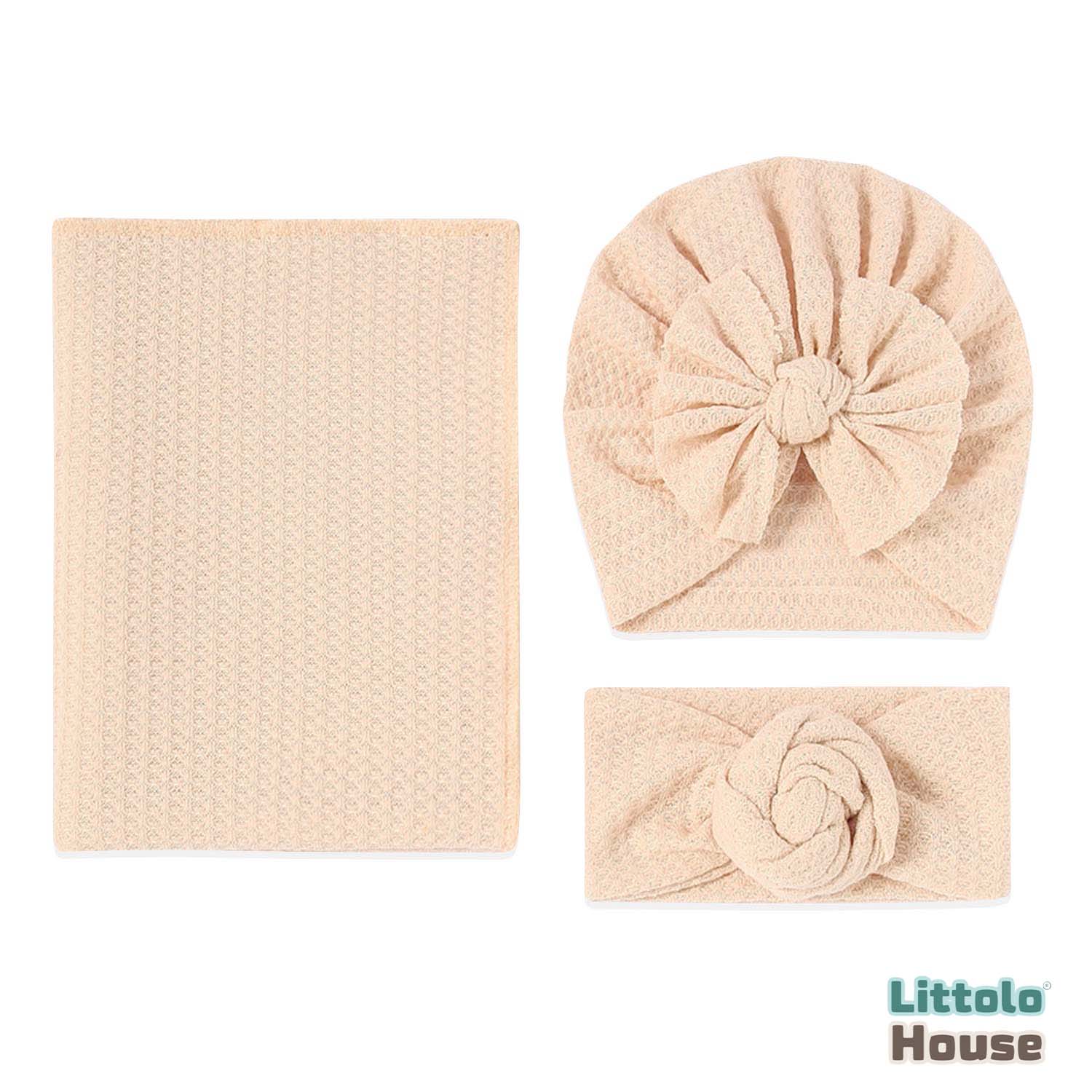 Order Beige Knotted Waffle Turban Blanket Set for Baby Wraps