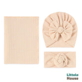 Baby Knotted Waffle Turban with Hairband and Blanket Set of 3 SR089 | NB | Beige