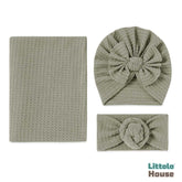 Baby Knotted Waffle Turban with Hairband and Blanket Set of 3 SR089 | NB | Olive Gray