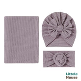 Baby Knotted Waffle Turban with Hairband and Blanket Set of 3 SR089 | NB | Thistle